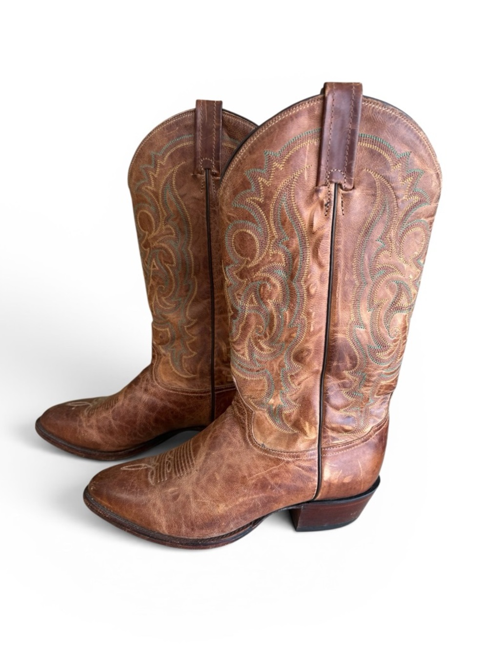 Tony lama Classic Brown Leather Cowboy Boots - Embroidered Shaft men 9 EE